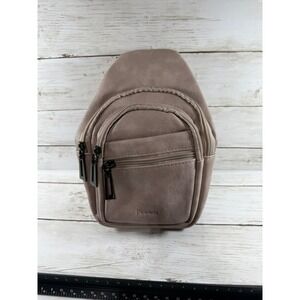 Mroede Taupe Vegan Leather Sling Bag Crossbody Backpack Geometric‎ Strap NEW